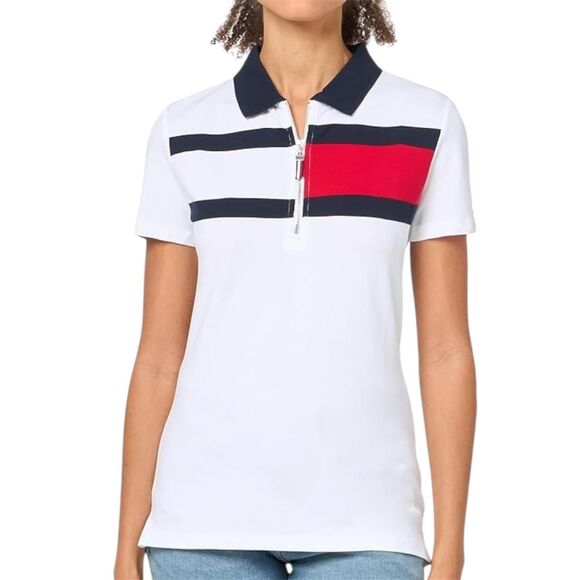 Tommy Hilfiger XXL Polo Shirt Quarter 1/4 Zip Stripe White Navy Red Sailing - Picture 1 of 9